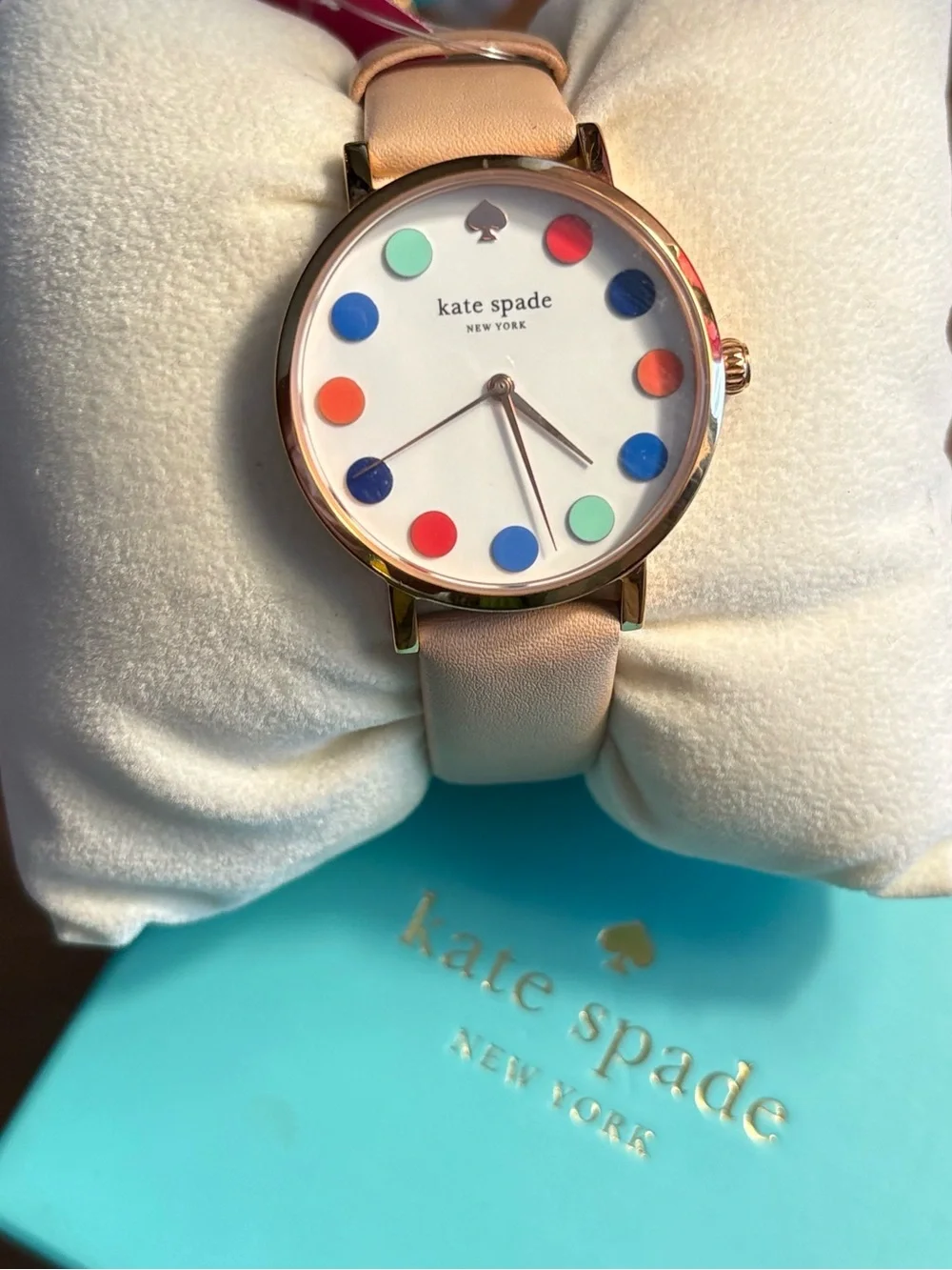 kate spade Beige Leather Strap Watch with Multicolor Dot Markers
